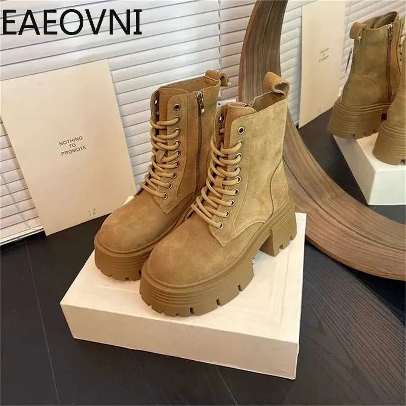 Boots High Platform Womens Motorcycle Boot For Winter 2024 Fashion Lace Up Square Heel Short Booties Autumn Girls Shoes H240709