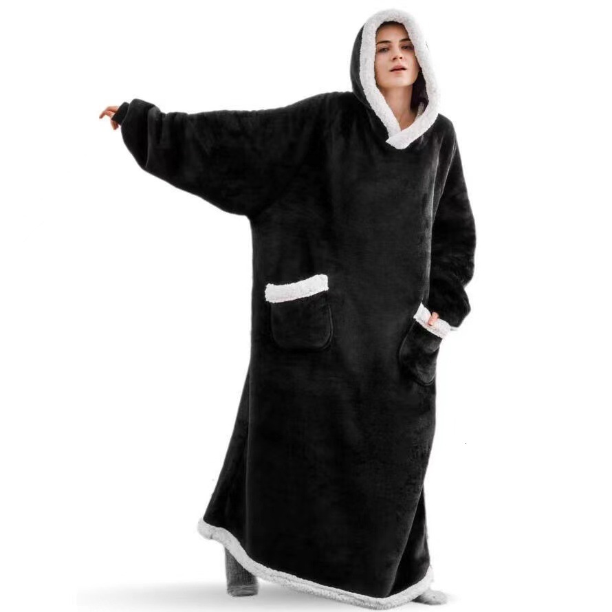 Designer Christmas Women's Pajamas Flannel Extended Vertical Pocket Hoodie Lazy Blanket