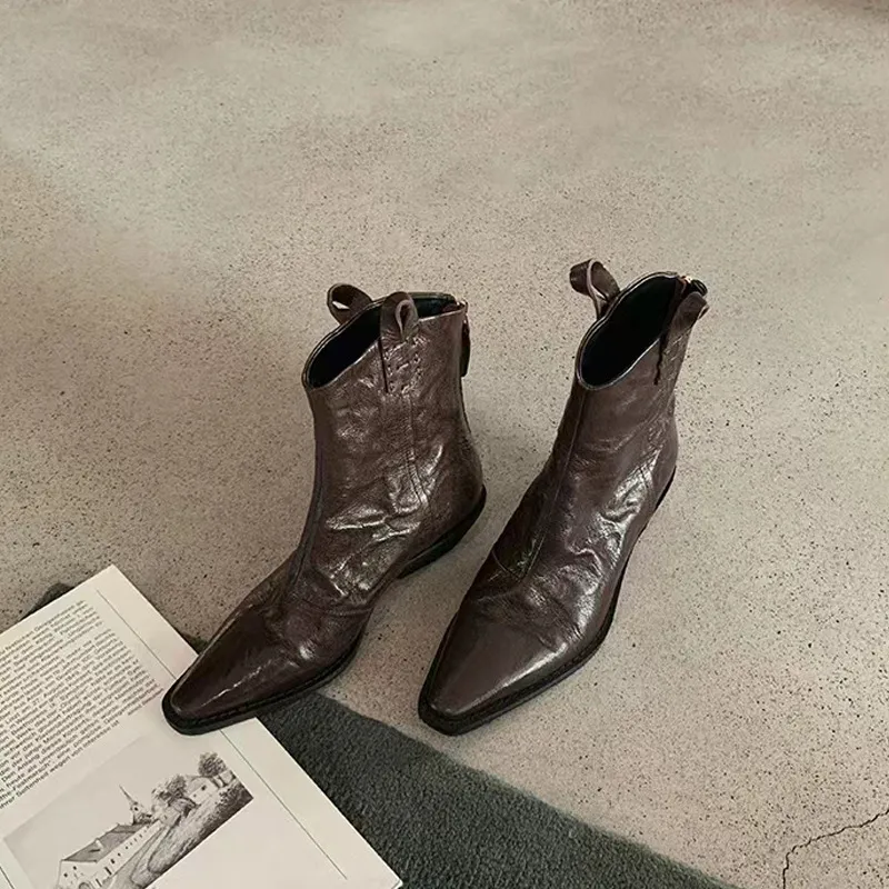 Vintage Style Wrinkled Short - Autumn Winter Denim Skinny Western Shoes Women's Boots Cowboy Boot Short Booties