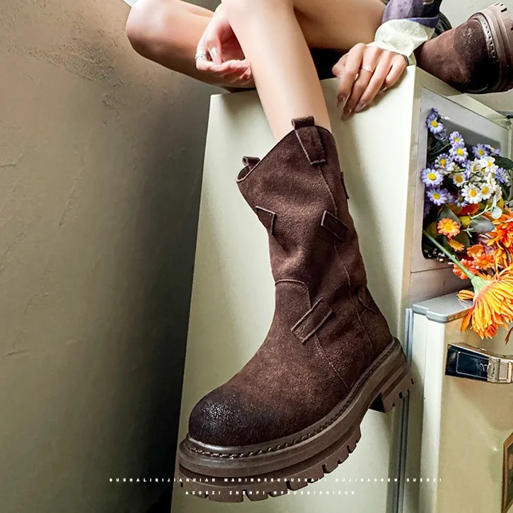 Vintage Style Designer Womens Outdoor Mid-Calf Boot For Summer - Lightweight Short Martin Booties Brown Grey Short Boots