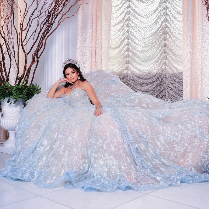 Sky Blue Shiny Quinceanera Dresses Champagne Lining Ball Gown Off The Shoulder Sequin Appliques Feather Corset Sweet 16 Vestidos 15 De XV Anos
