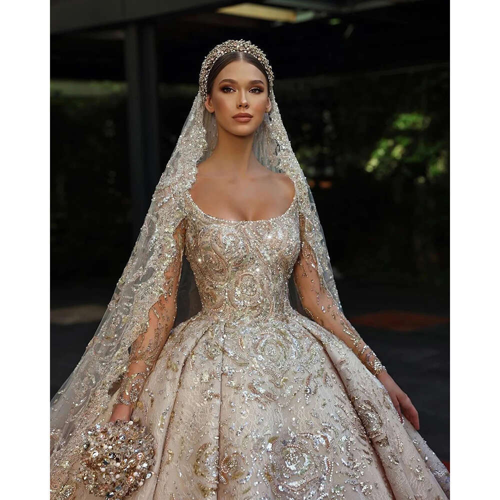 Neck Scoop Wedding Dress Lace Applique Sequined Beaded Long Sleeve Bridal Gown Vestidos De Novia 6660311