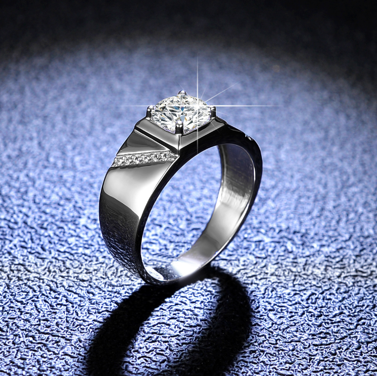 Moissanite Wedding Rings: 1CT Round Cut Sterg Sier, Male Engagement Band