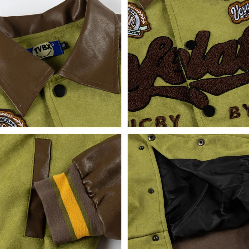 PU Retro American Hip-Hop Lapel Mens Jacket Y2K Loose Baseball Uniform Trend Couple Leather Sleeve Stitching Jacket 240911