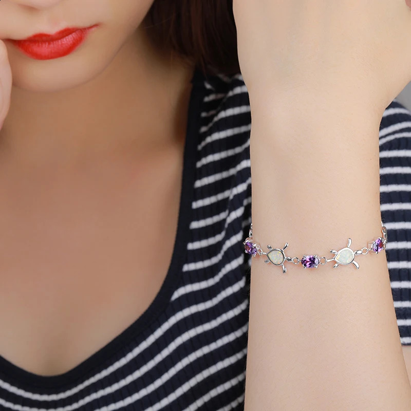 MYOP 925 Silver Gift Artificial White Opel Pear shaped Sea Turtle Bracelet Purple Denier Zircon Lobster Buckle Wedding Charm Party Fashion 240929