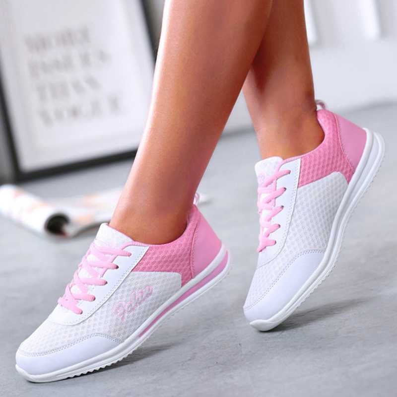 Breathable 2024 New Womens Sports Shoes Fashion Solid Color Soft Womens Sports Shoes Mesh Fabric Lace Upper Womens Shoes Y241007