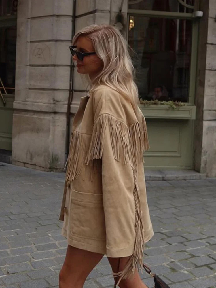 Vintage Suede Tassel Womens Jackets Long Sleeve Lapel Coats 2024 Autumn Fashion Single Breasted Lady Jacket Outwear 240930