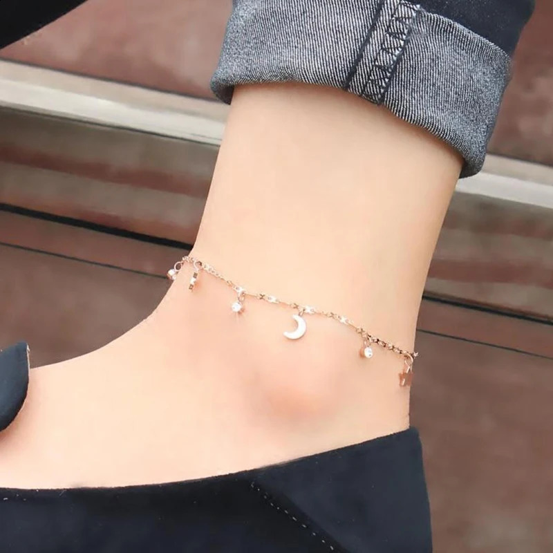 Moon Star Anklet for Women Rose Gold Colored Stainless Steel Fashion Jewelry GA121 241007