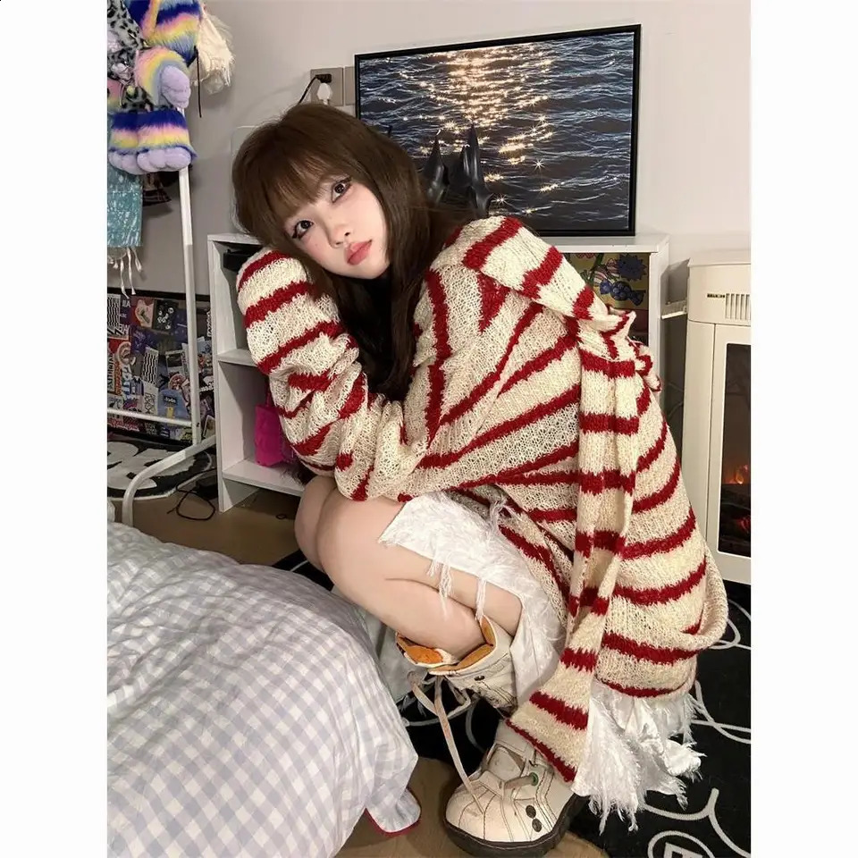American hooded womens autumn and winter rabbit ear hollow jacket loose cardigan wool sweater 241007