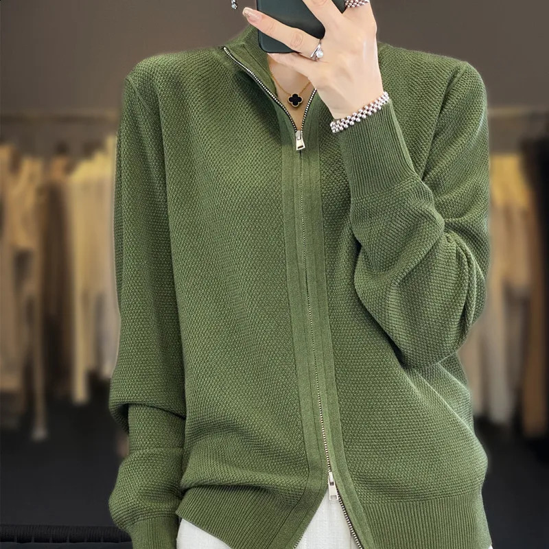 autumn and winter wool cardigan womens stand up collar knitted loose sweater zipper top 241007