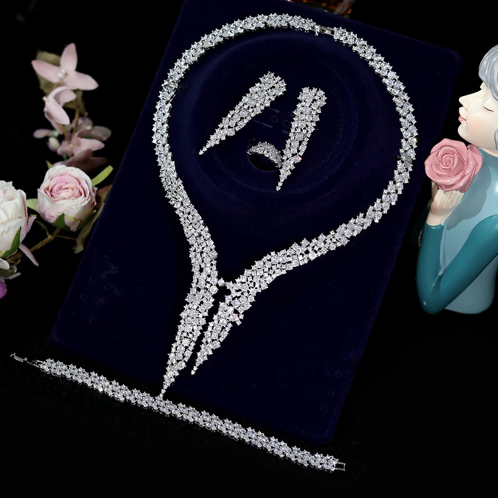Sparkling Cubic Zirconia Drop Earrings Necklace Heavy Dinner Dubai Nigeria Bridal Wedding 4-piece Jewelry Set X0086 241007