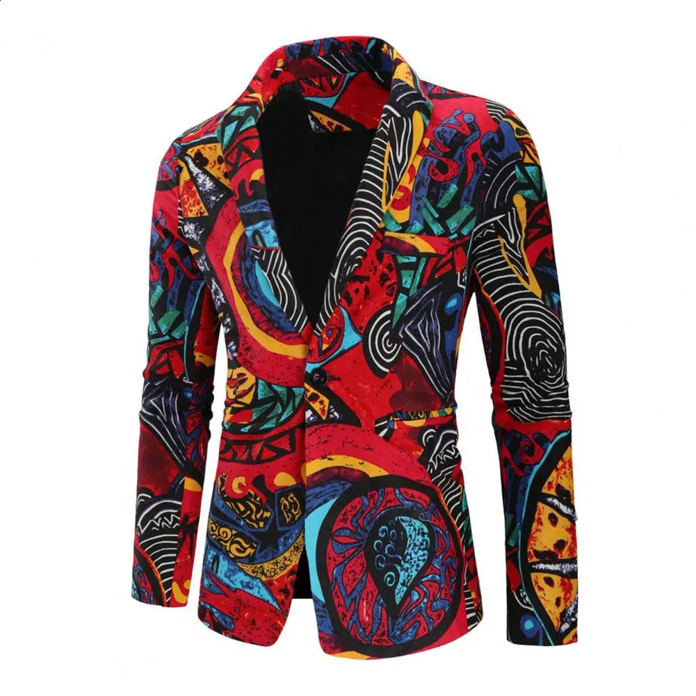 Men Blazer Fashion Print Turndown Collar Long Sleeve Button Loose Suit Jacket Colorful Pattern Lapel Blazer Suit Coat Streetwear 240930