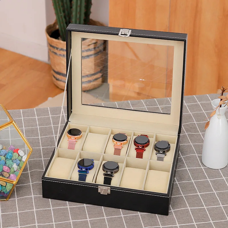 VANSIHO 2/3/4/5/6/10/12 Slots Beige PU Leather Watch Display Boxes Cases Organizer Glass Jewelry Storage Handmade Grey Inner 240927