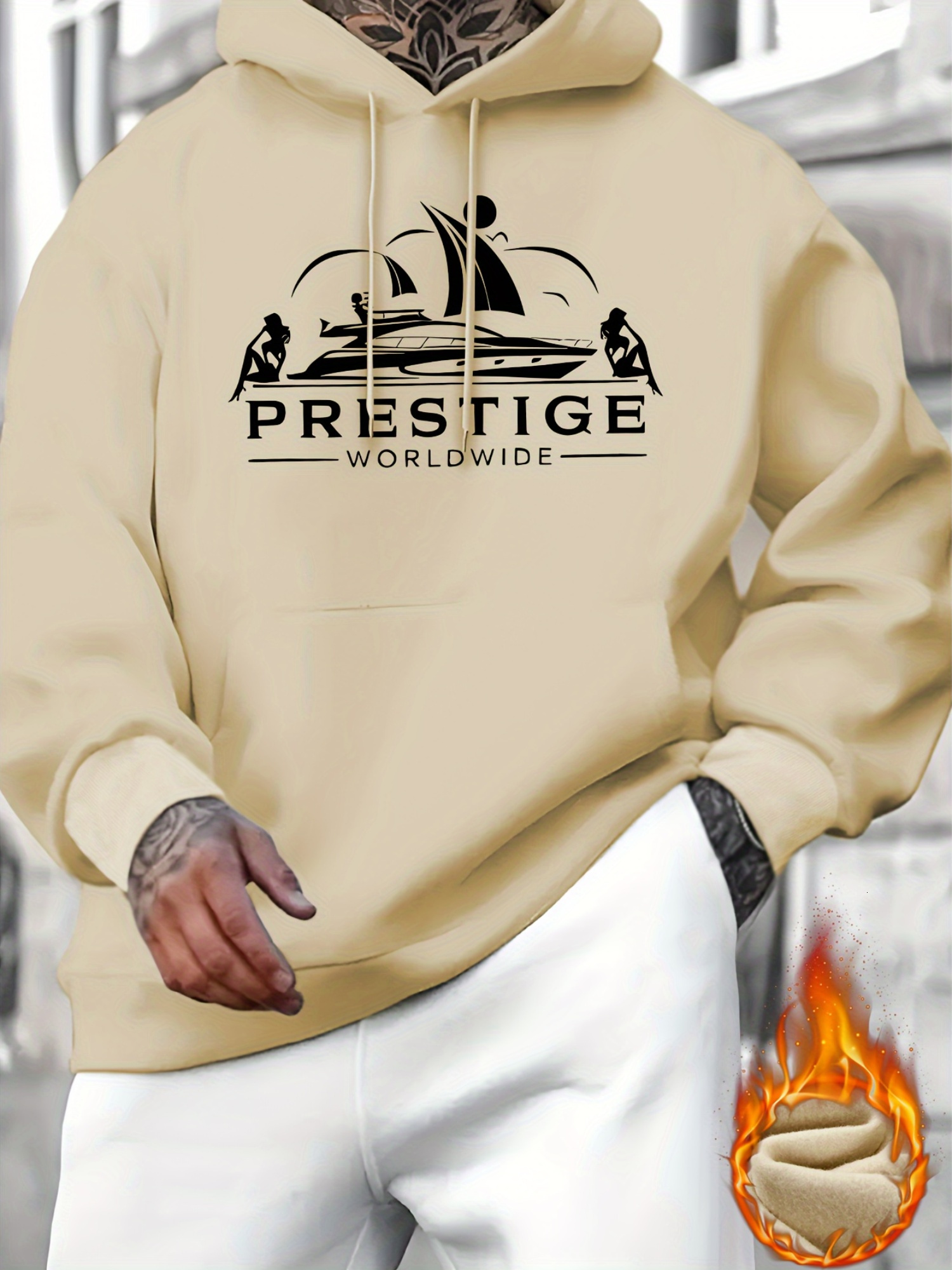 Men's Prestige Worldwide Yacht Graphic Hoodie - Casual Polyester 100% Hooded Sweatshirt with Slight Stretch, Regular Fit Knit Fabric Long Sleeve 