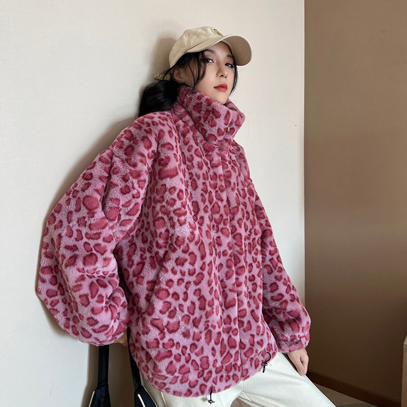 Pink Leopard Faux Fur Coat For WomenV Kawaii Winter JacketsV Fake Furry OvercoatV Zipper Fluffy JacketV Plush Cozy CoatV 2024