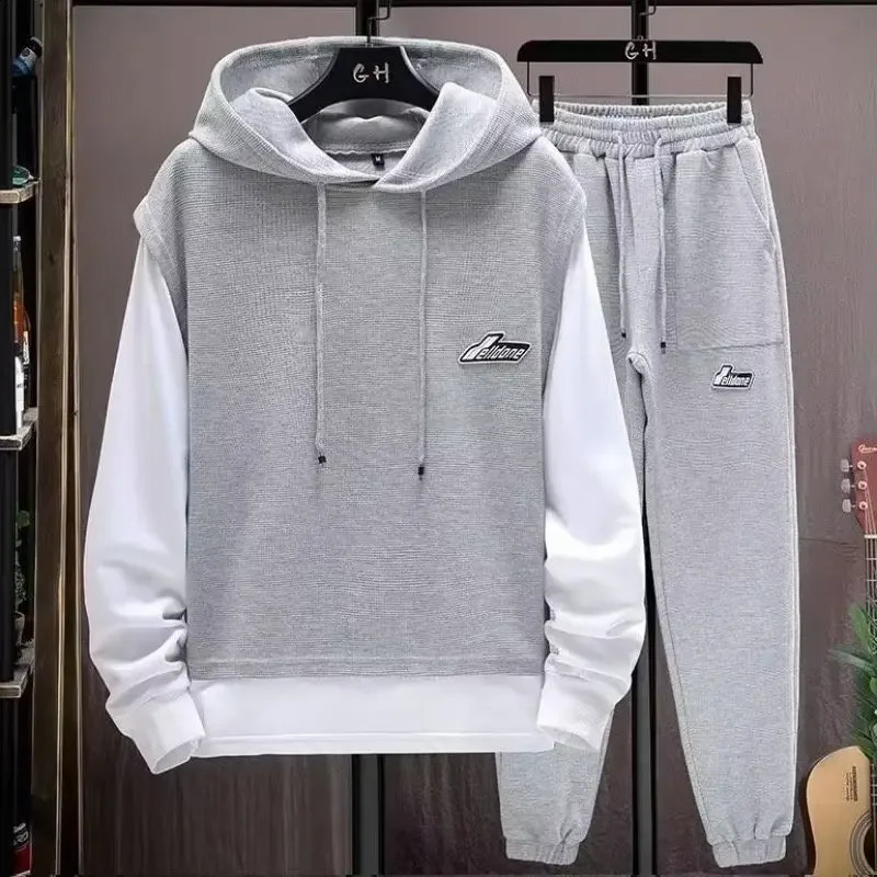 Autumn mens hooded long sleeved fashionable 2-piece set printed color block casual sportswear 240927