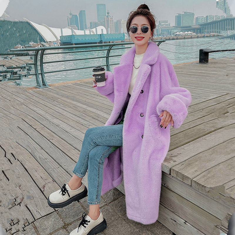 Raglan Sleeve Faux Fur Coat Women Winter Blazer Lapel Fluffy Teddy Female Double Breasted Long Plush Jacket Elegant 4Xl