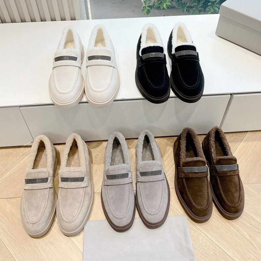 Top quality winter warm Suede Fur loafers furry Fluffy shearling wool slip on shoes Luxury designer Dress shoes womens fur shoes on leather Snow shoes