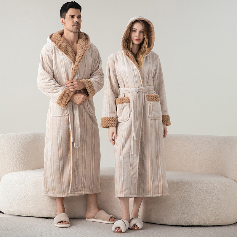 Designer's Autumn And Winter Long Flannel Women's Couple Pajamas, Comfortable Home Clothes, Thick Bathrobes, Hotel Yukata