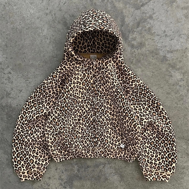 Leopard Print Zip Hoodie Y2K Retro Mens Harajuku Hip Hop Zip Sweatshirt High Street Oversized Unisex Hoodie Streetwear 241007