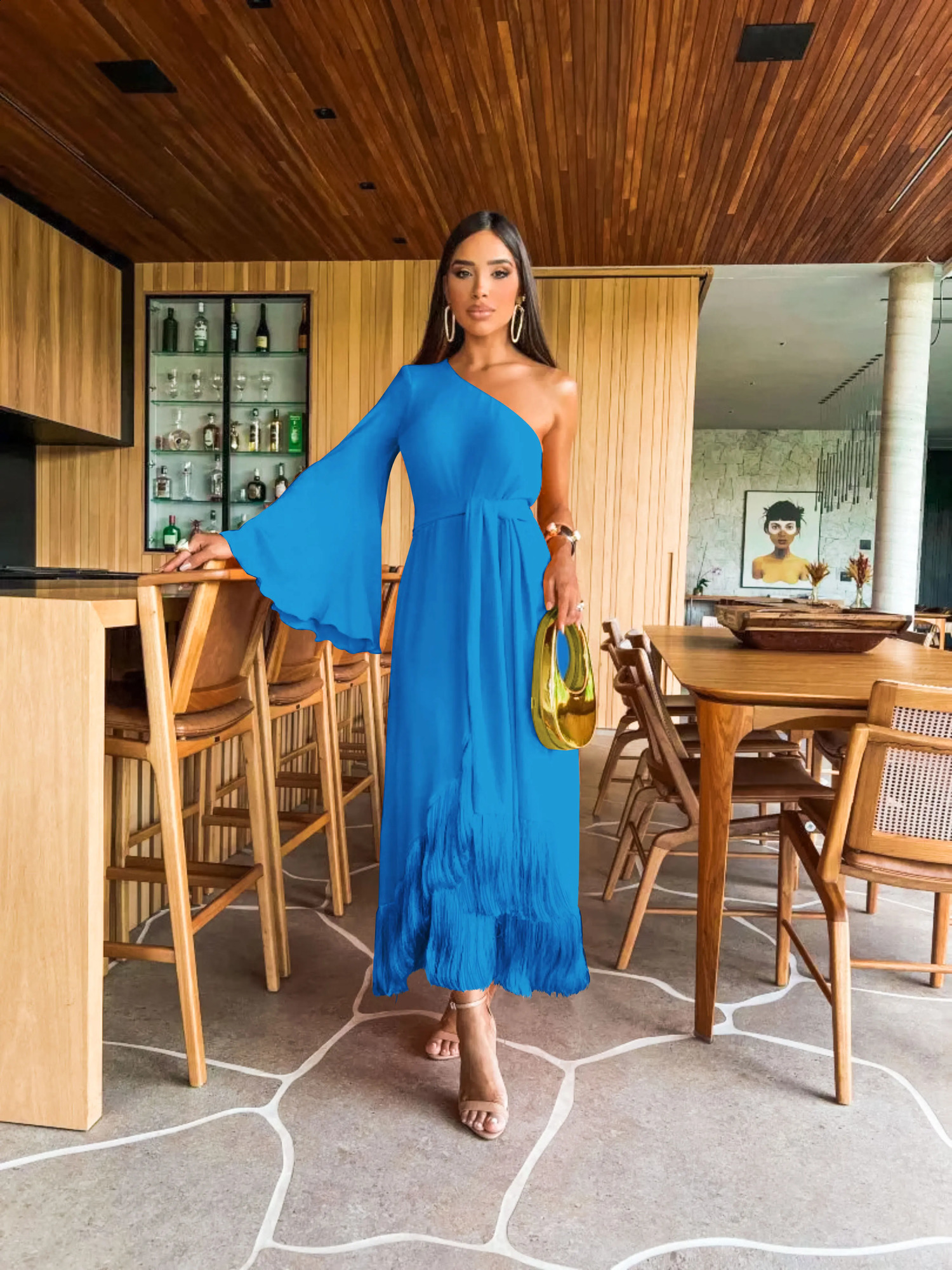Solid Womens One Shoulder Sexy Long Dress with Ruffles and Fluffy Stiff Swinging Evening 241007