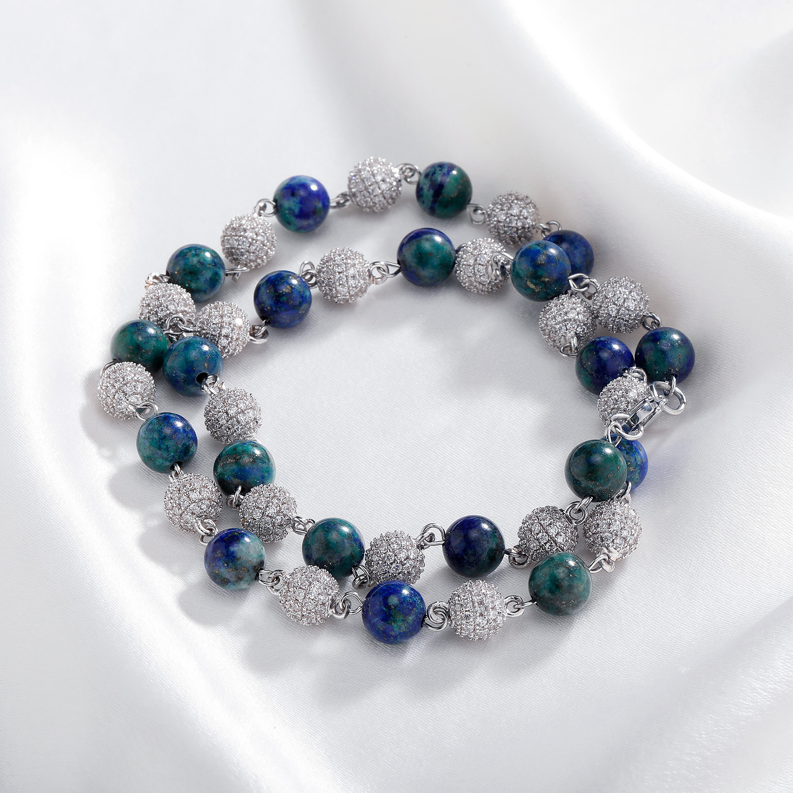 6-8mm Full Set Sparkling Cubic Zirconiaia Lround Beaded Necklace Chain Choker Hip-hop Mens And Womens Blue Green Colorful Stone Gold Plate Jewelry Acc