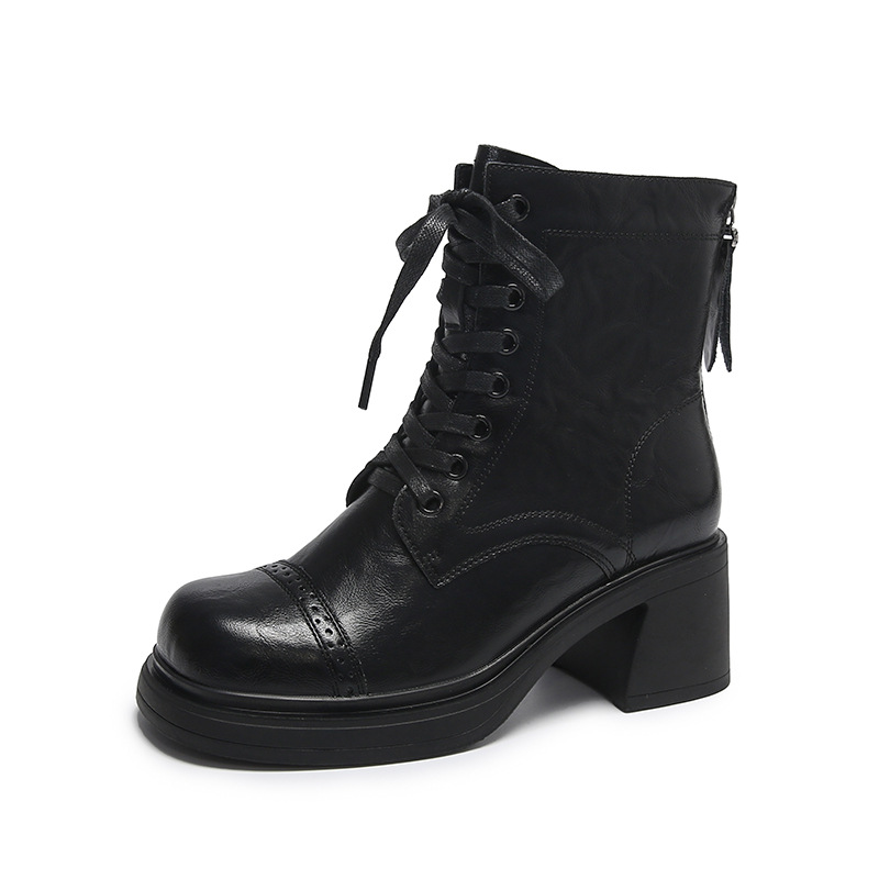 Female 2024 new retro thick heel round toe lace up Martin boots