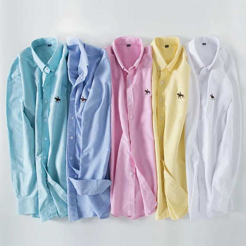 2024 Mens Long Sleeve Dress Shirt Mens Pure Cotton Oxford Embroidered Horse Casual Without Pocket Solid Shirt Plus Size X250125