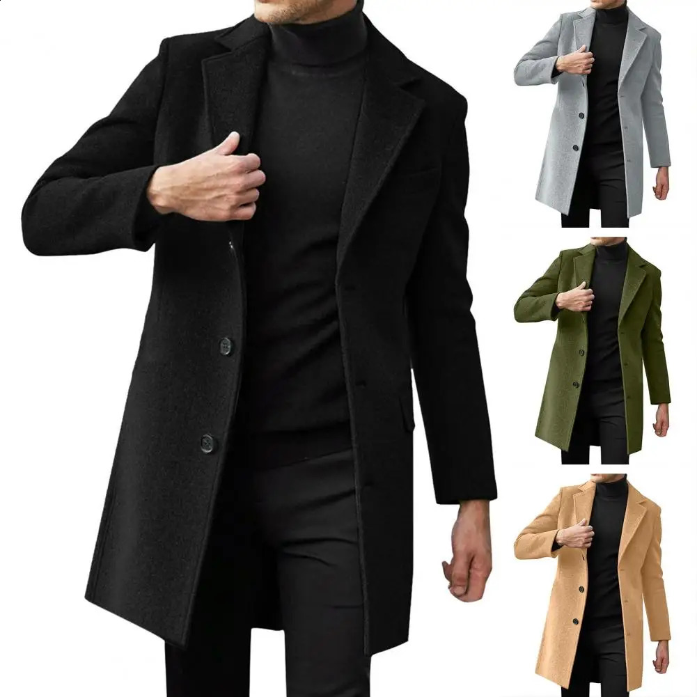 Winter mens wool coat collar long sleeved jacket single chest mid length solid color 241007