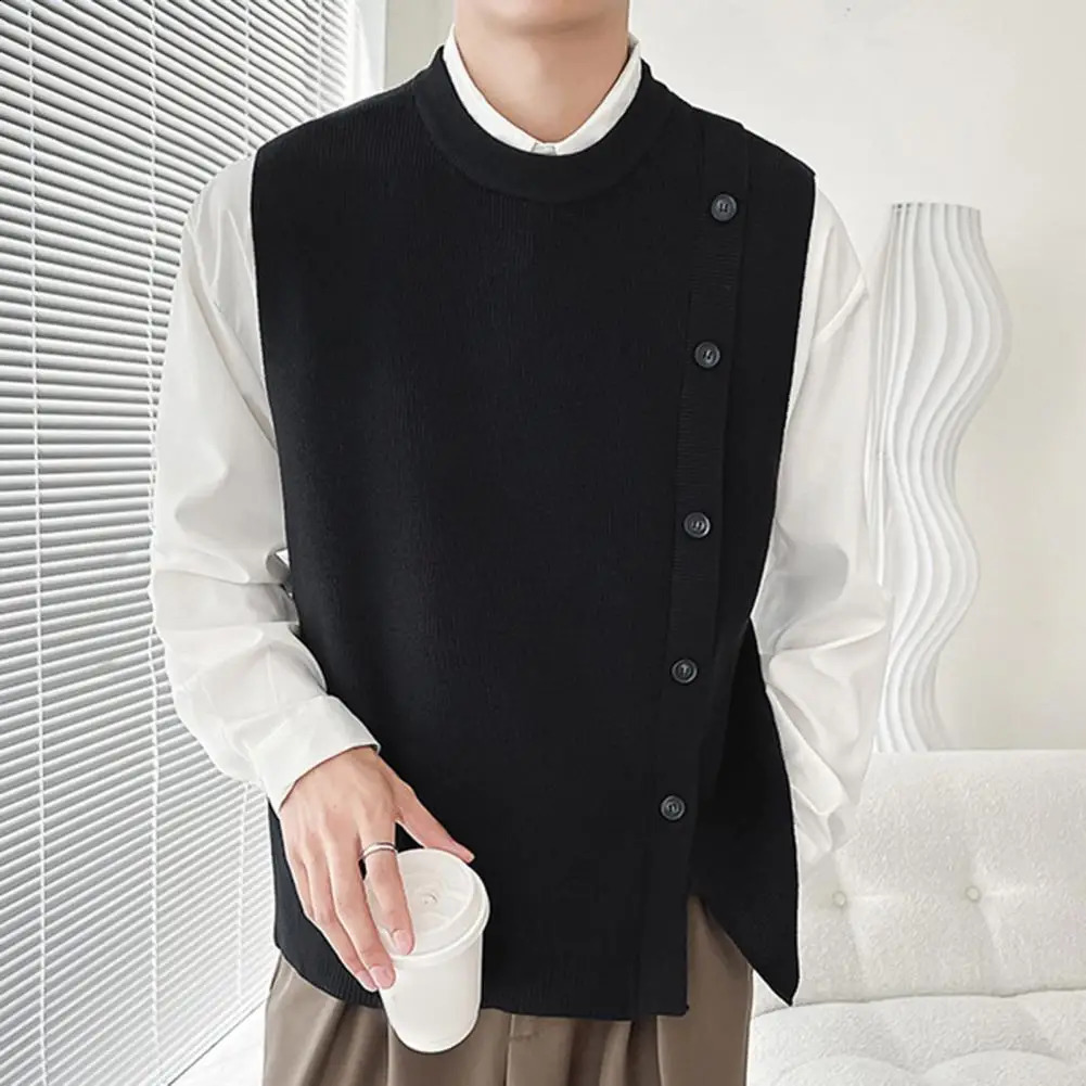 Mens casual solid color knitted sweater vest with buttons sleeveless round neck cardigan suitable for autumn and winter fashion 240930CJ
