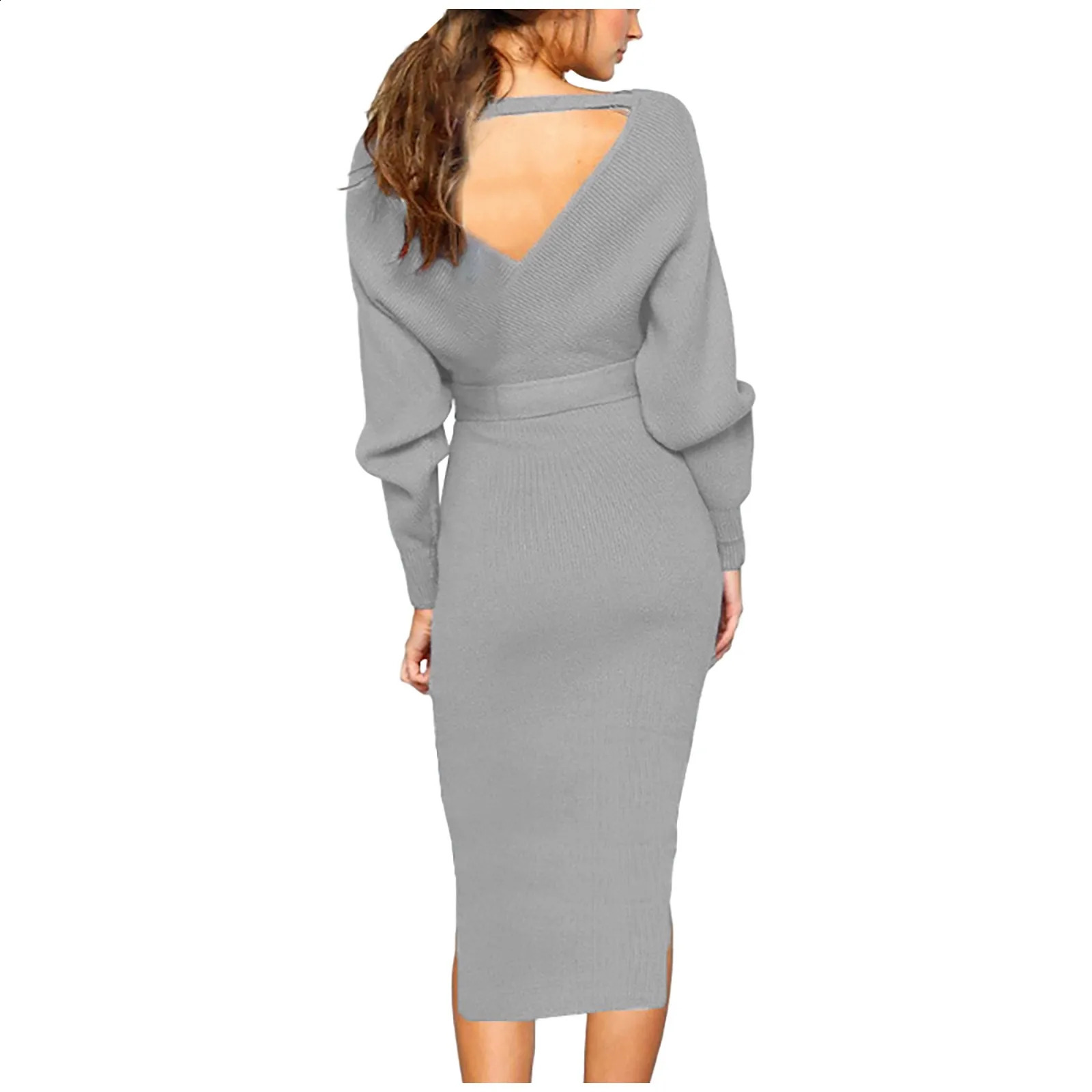 Womens Knitted Sweater Dress Packaging with Tunic Midi Vestitos Long Sleeve Vneck Split Style Casual Autumn Office 241007