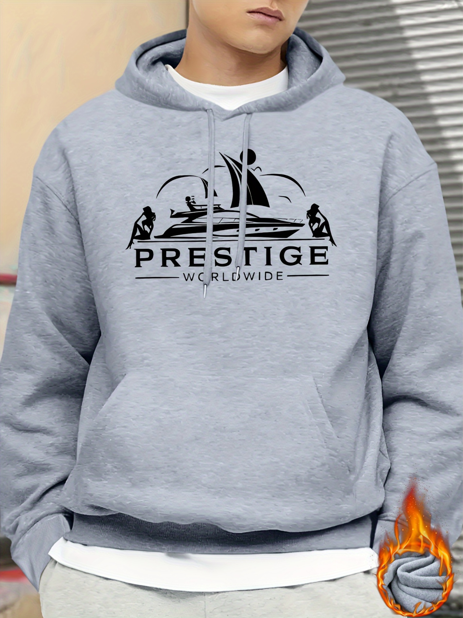 Men's Prestige Worldwide Yacht Graphic Hoodie - Casual Polyester 100% Hooded Sweatshirt with Slight Stretch, Regular Fit Knit Fabric Long Sleeve 