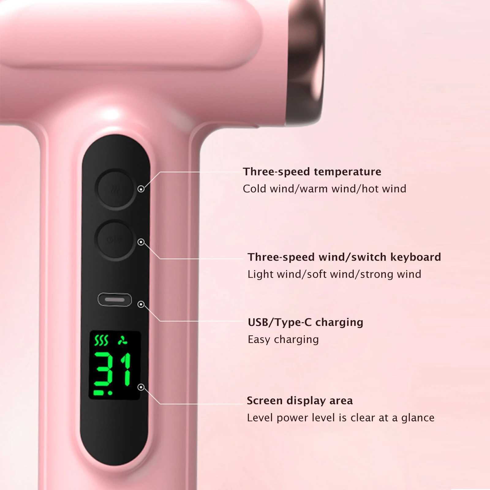 Handheld Wireless Hair Dryer USB Recharge Display Screen Cold Warm Wind Dryer for Dormitory/Travel Strong Wind Low Noise 3 GearsXJ241021