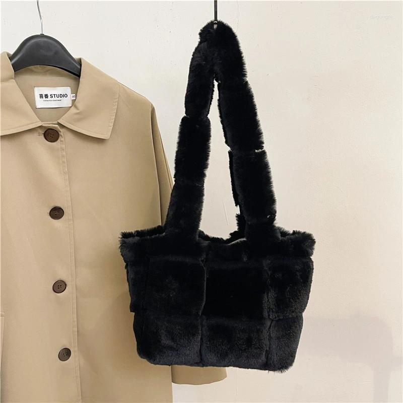 2025 NEW Drawstring Women Plush Shoulder Bag Fashion Tote Large Capacity Fuzzy Top Handle Solid Color Slouchy Hobo Soft Shopper zhanyishengli