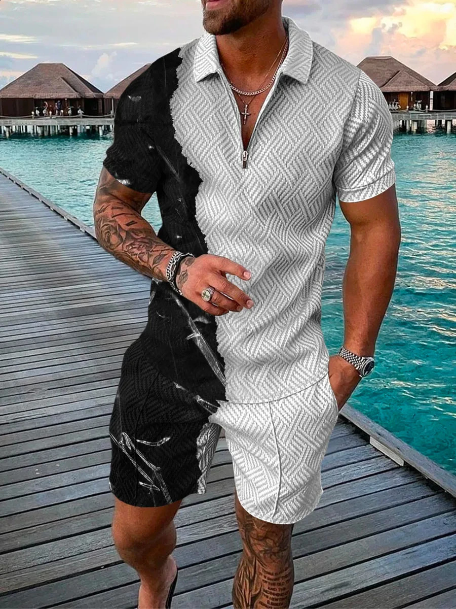 Retro 3D printed mens polo shirt set with zipper lapel polo shirt set with zipper necklace and shorts 2 pieces of Hawaiian holiday style mens sportswe