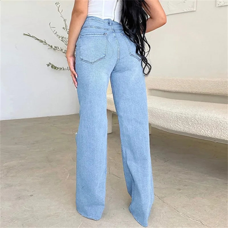 Women Knee Broken Holes Trend Straight Jeans Fashion Comfortable Casual High Waist Denim Pants Female Loose Wide Leg Trousers 241007