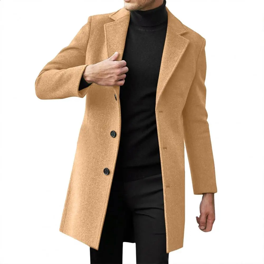 Winter mens wool coat collar long sleeved jacket single chest mid length solid color 241007