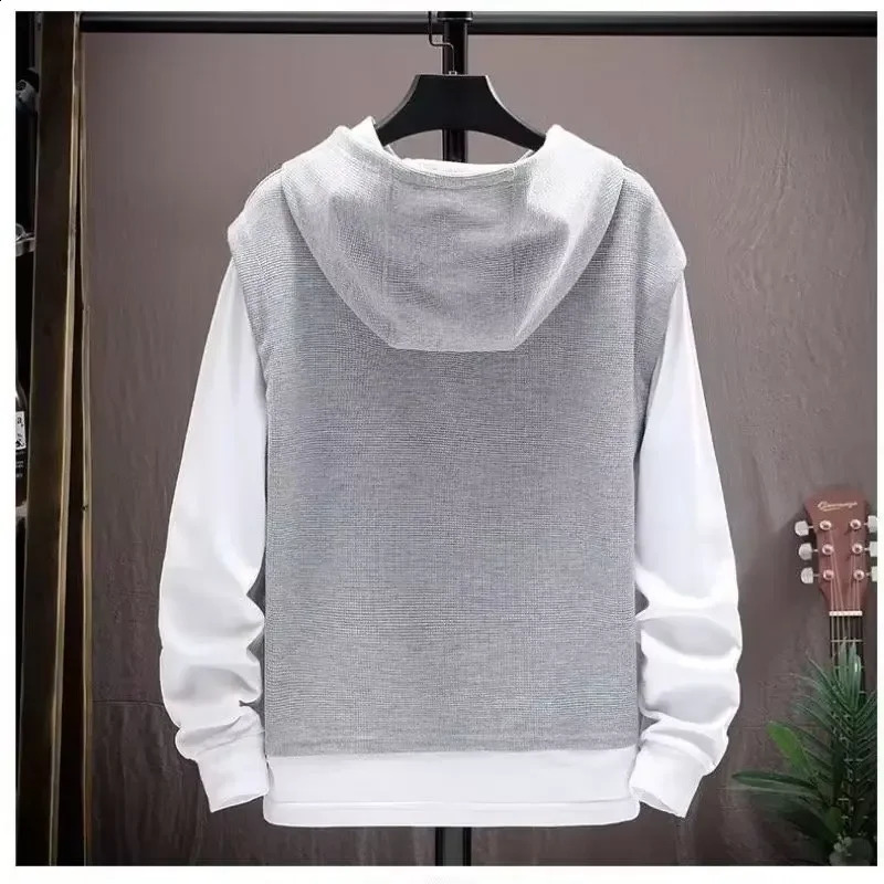 Autumn mens hooded long sleeved fashionable 2-piece set printed color block casual sportswear 240927
