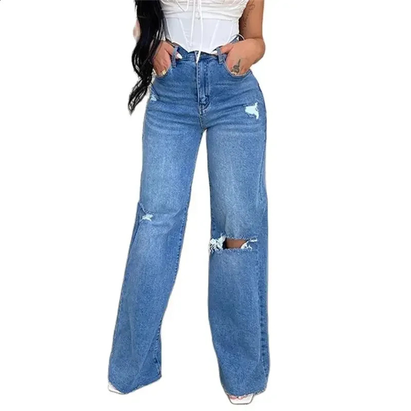 Women Knee Broken Holes Trend Straight Jeans Fashion Comfortable Casual High Waist Denim Pants Female Loose Wide Leg Trousers 241007