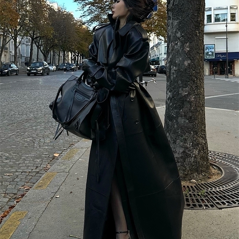 Lautaro Spring Autumn Extra Long Black Pu Leather Trench Coat for Women with Back High Slit Chic European Fashion 2024 240930