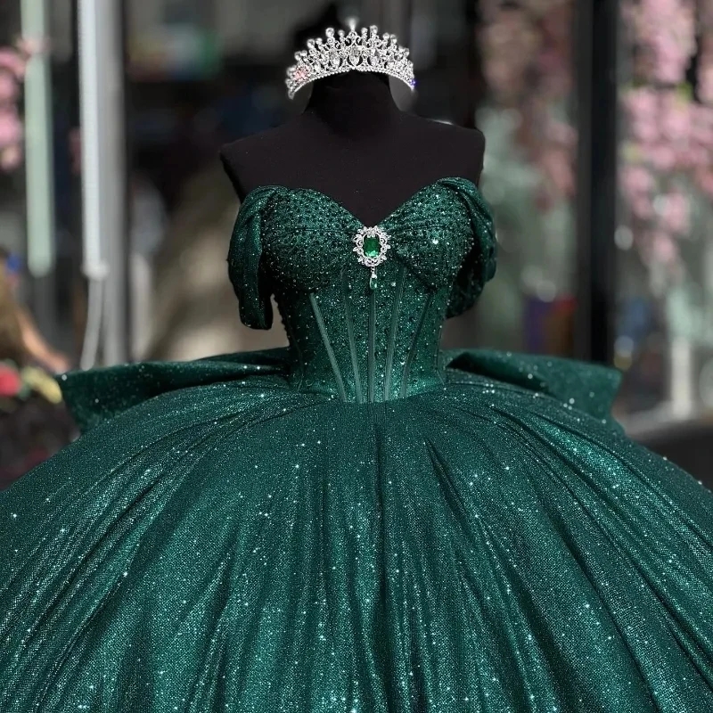 Blackish Green Sweetheart Shiny Princess Quinceanera Dresses Beads Crystal Tull Birthday Ball Gown Sweet 16 Dress Vestidos 15 Anos