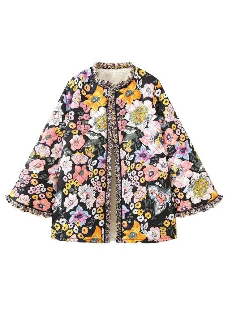 TRAF Flower Winter Coat for Women Quilted Jacket Parkas Woman Autumn Winter Printed Vintage Jacket Tweed Warm New in OuterwearX241007