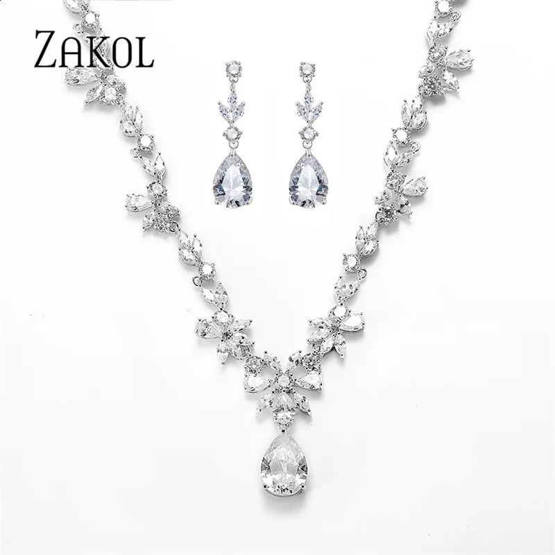 ZAKOL Silver Leaf Bridal Wedding Jewelry for Women Sparkling Cubic Zircon Earrings and Necklace Set 241007 Z260313
