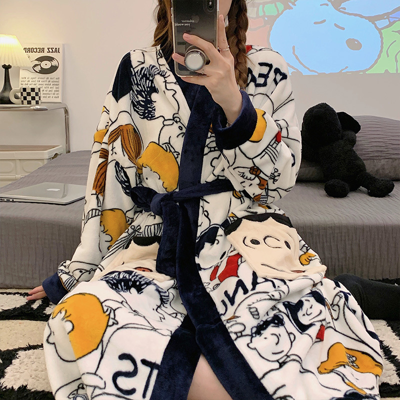 Designer Couple Nightgown Autumn And Winter Women's Sleepwear Thickened Coral Fleece 2024 New Cartoon Bathrobe Men's Home Wear