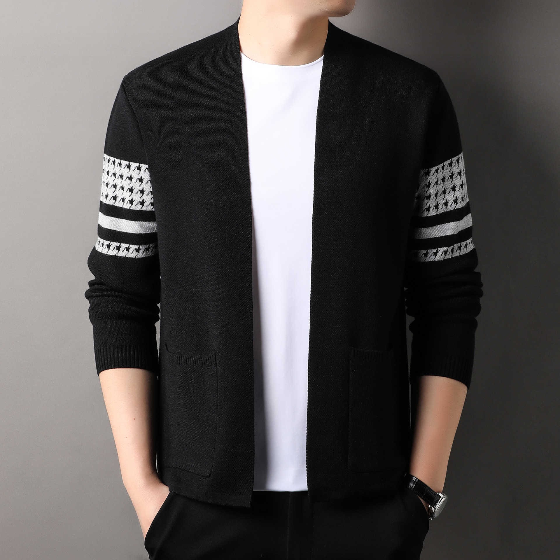 New mens knitted sweater cardigan for spring and autumn Korean version casual and versatile fashionable sweater for outerwear simple and trendy jacket