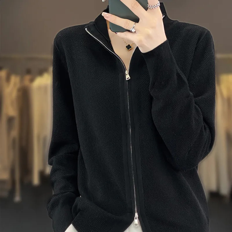 autumn and winter wool cardigan womens stand up collar knitted loose sweater zipper top 241007