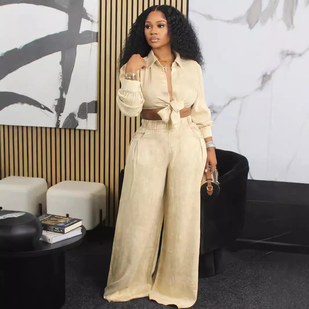 Two piece womens coat autumn long sleeved casual wide leg pants set loose casual shirt mens matching pants set 240927