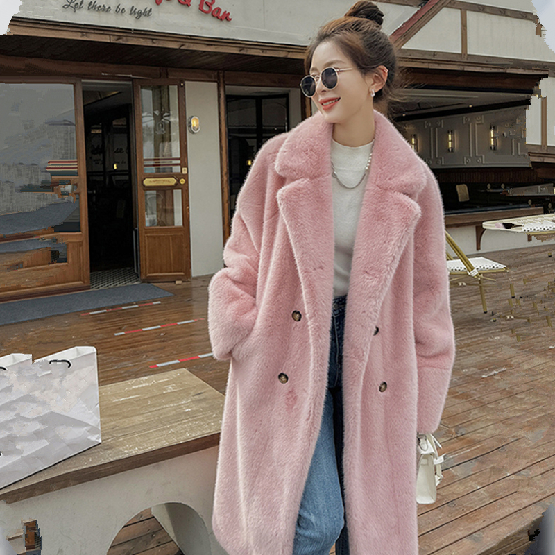 Raglan Sleeve Faux Fur Coat Women Winter Blazer Lapel Fluffy Teddy Female Double Breasted Long Plush Jacket Elegant 4Xl