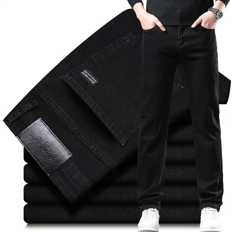 Mens Pure Black Jeans Version Trendy Straight Fit Pants Mens Comfortable Elastic Classic Business Jeans Denim Trousers 241007