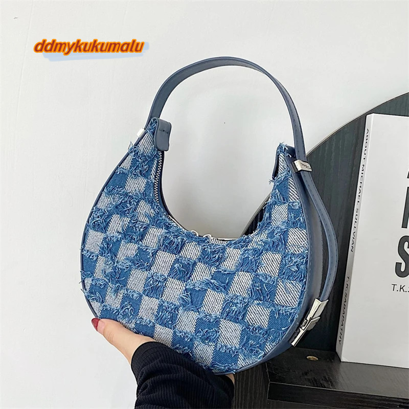 Fashion Trendy Crescent Moon Two-color Plaid Denim Splicing Underarm Retro Ladies Shoulder Tote Bag H6.29#17 ddmykukumalu